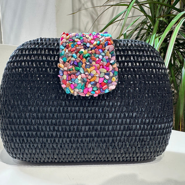 Clutch rafia piedras de colores