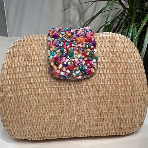 Clutch rafia piedras de colores